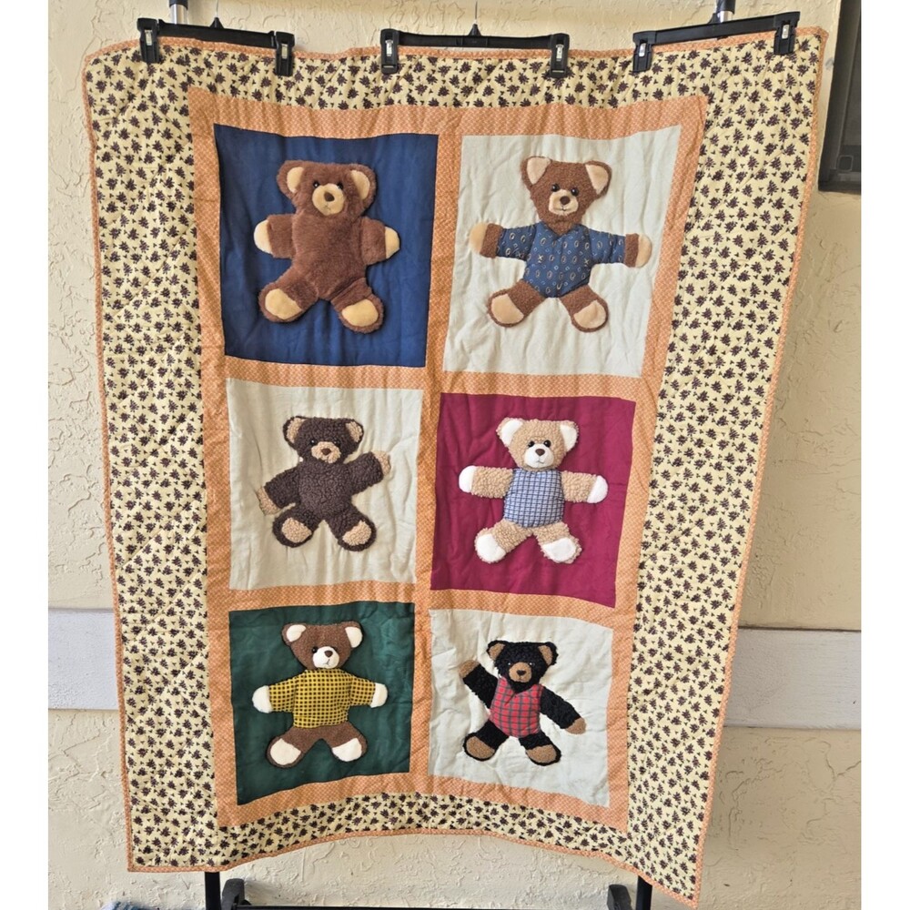 Vtg CRACKER BARREL Teddy Bear Quilt 56 x 48 Blanket Throw Nursery 3D Plush Baby